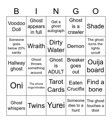 PhasmoPHOBIA Bingo Card