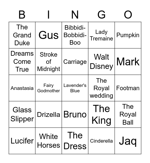 Cinderella Bingo Card