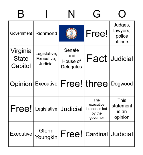 The 3 branches of Virginia government Bingo Card