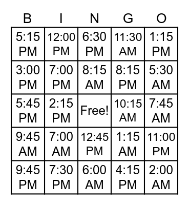 TELLING TIME Bingo Card