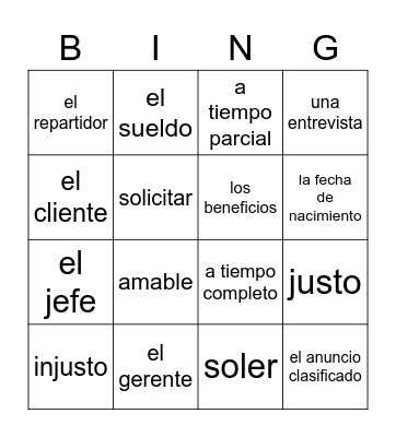 Ch 5.1 Vocabulario Bingo Card