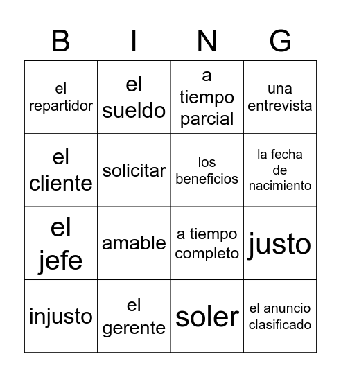 Ch 5.1 Vocabulario Bingo Card