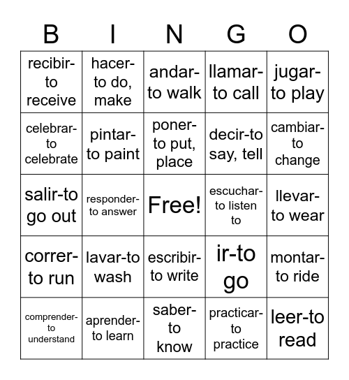 Spanish I Present Tense Verbs Bingo Card