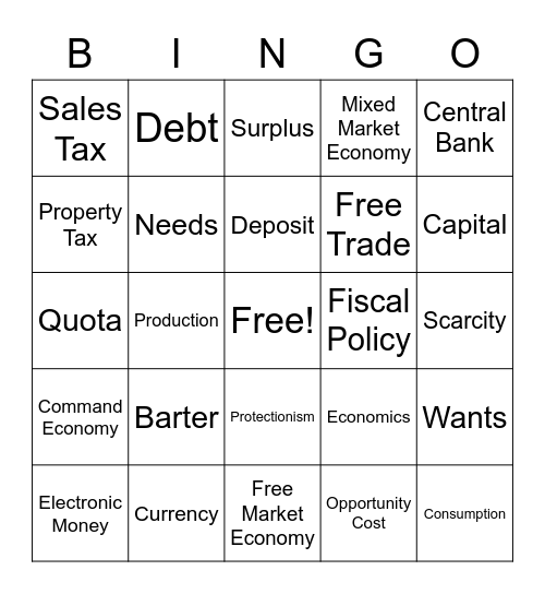 Unit 10 Economics Bingo Card