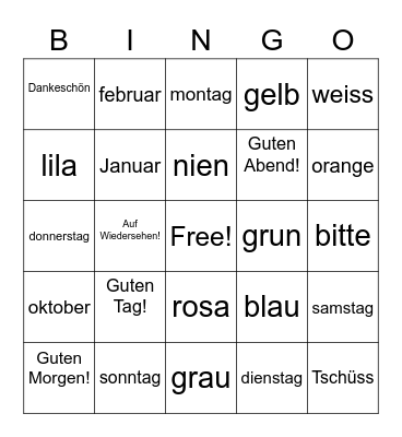 Beginning German Bingo Card