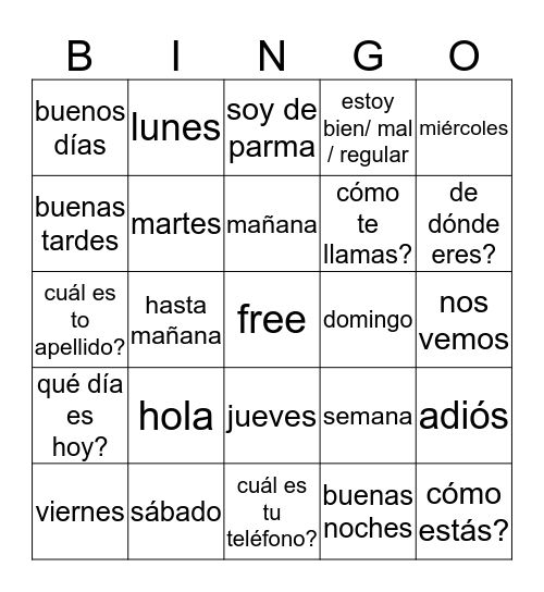 spanish Bingo Card