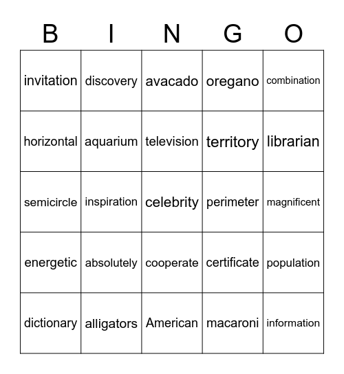 4 syllable words Bingo Card