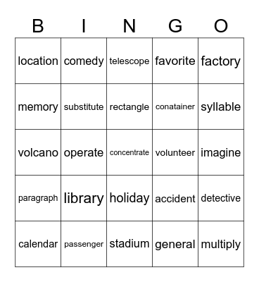 3 syllable words Bingo Card