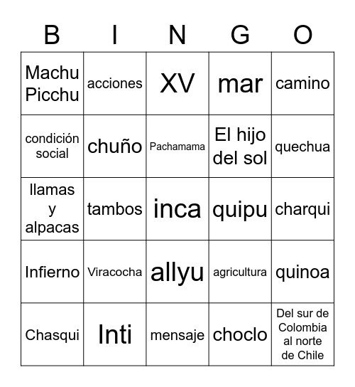 Los incas Bingo Card