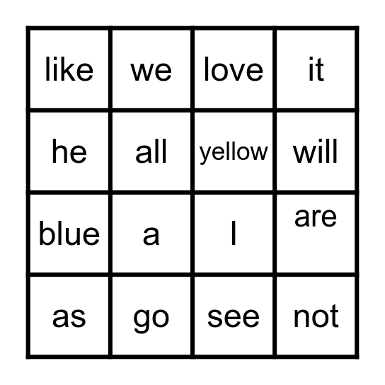 Sight Words Bingo Card