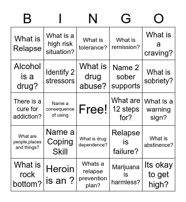 Relapse Prevention Bingo Card