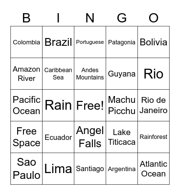 South America Bingo Card