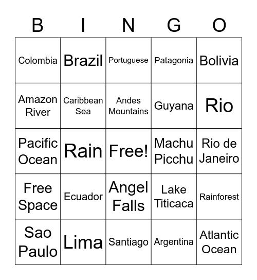 South America Bingo Card