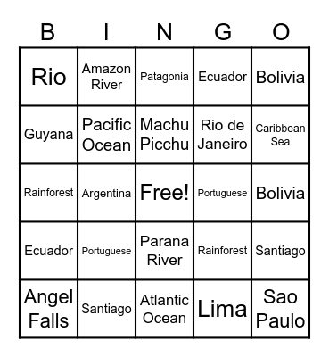 South America Bingo Card