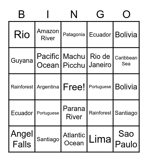 South America Bingo Card