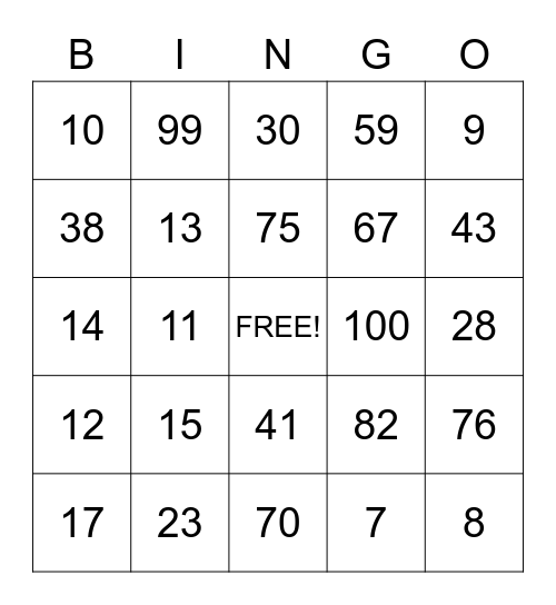 Numeros 0-100 Bingo Card
