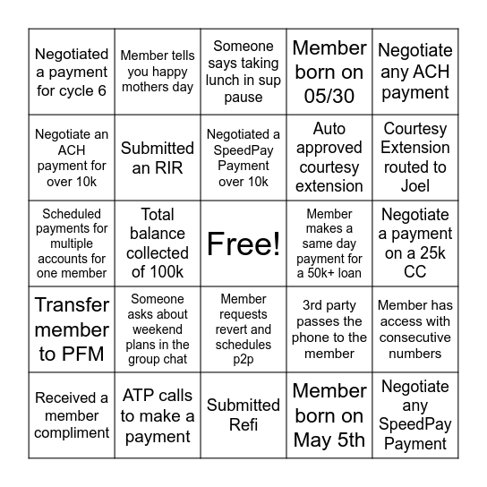 Friday Bingo Card