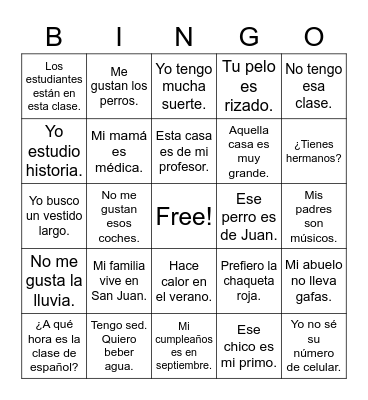 Spanish II Bingo Card
