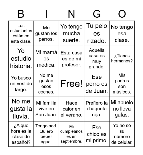 Spanish II Bingo Card