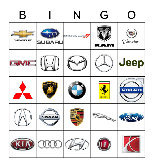 Cars Bingo Card