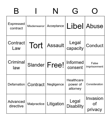 Legal and Ethical Bingo Card