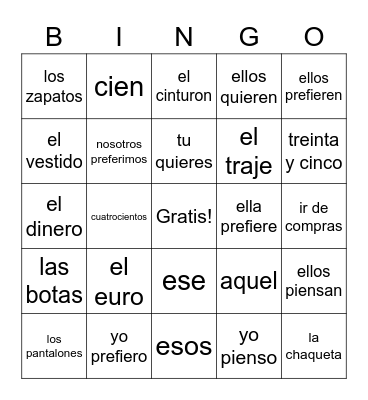 La ropa Bingo Card
