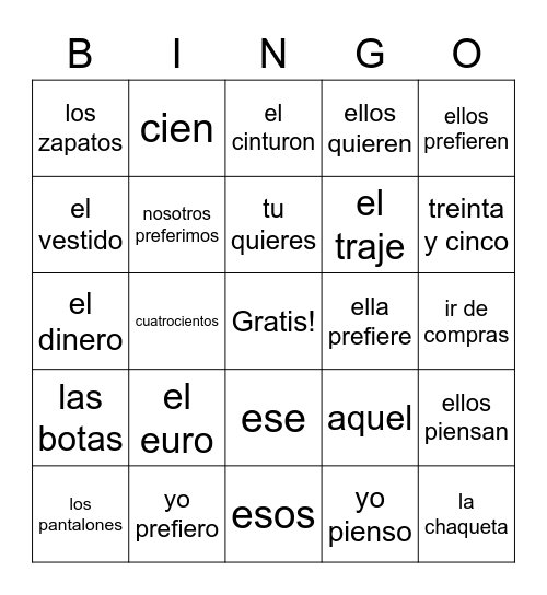 La ropa Bingo Card