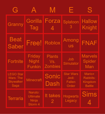 Video Game Bingo Card