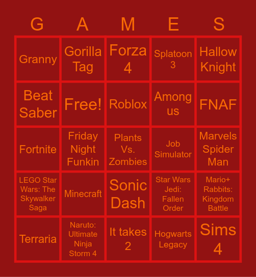 Video Game Bingo Card