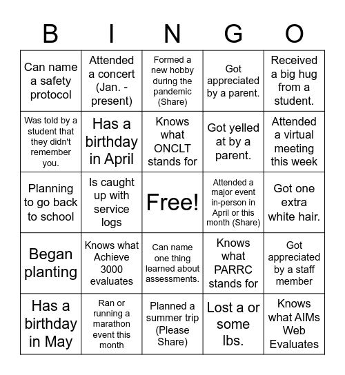 End of Assessments BINGO Card