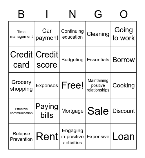 Life Skills Bingo Card