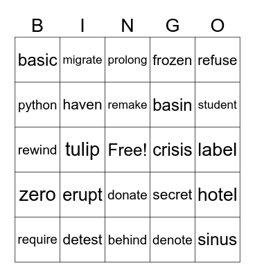 Open Syllable Bingo Card