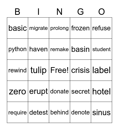 Open Syllable Bingo Card
