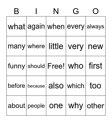 Sight Word Bingo Card