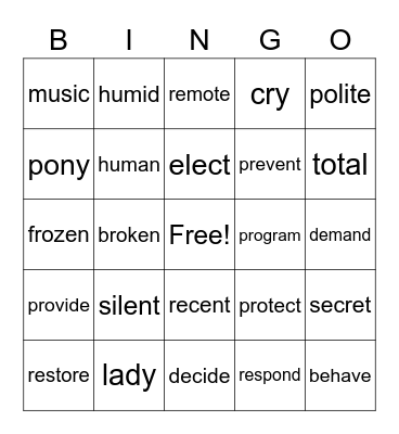 Open Syllable Bingo Card