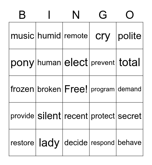Open Syllable Bingo Card