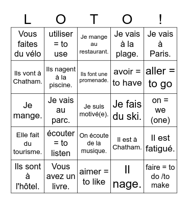 -er verbs, faire, aller, avor, être mai 2023 Bingo Card
