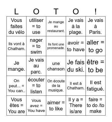 -er verbs, faire, aller, avor, être mars 2026 Bingo Card