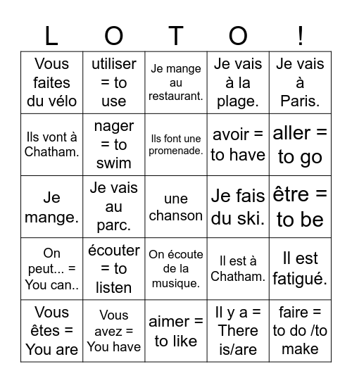 -er verbs, faire, aller, avor, être mars 2026 Bingo Card