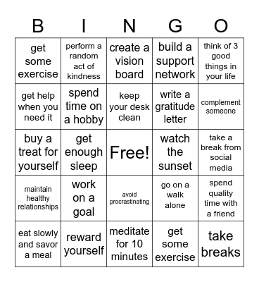 Mental Health Bingo Card