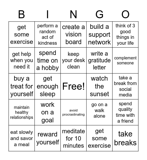 Mental Health Bingo Card