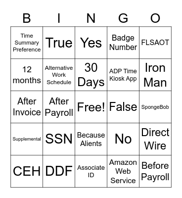 Amazon Game Show Bingo Card