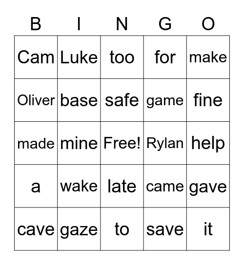 Kindergarten-Wonders U9W2 Magic E Bingo Card