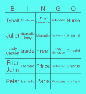 Romeo & Juliet Bingo Card