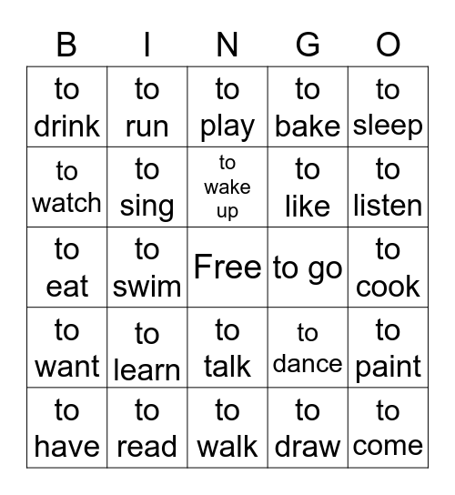 verbs Bingo Card