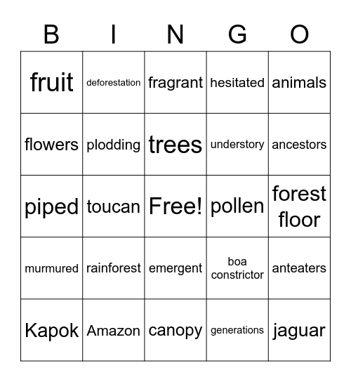 The Great Kapok Tree Bingo Card