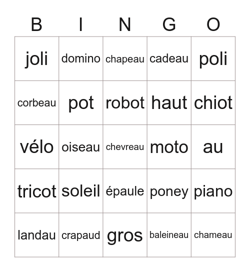 Le bingo du son "o" Bingo Card