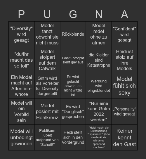 Pugnas Next Topmodel Finale Bingo Card
