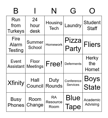 University Housing Bingo Card