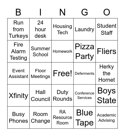 University Housing Bingo Card